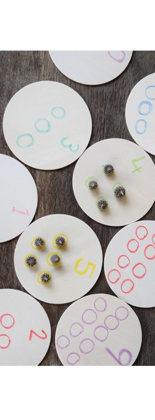 A collection of circular cards with numbers and small natural items arranged on them, used for counting activities in early childhood education.