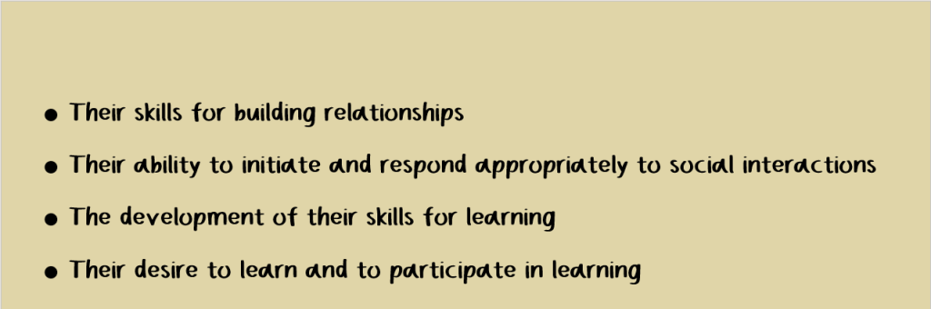 A list of success indicators for children in early childhood, including skills for building relationships, ability to initiate social interactions, development of learning skills, and desire to participate in learning.