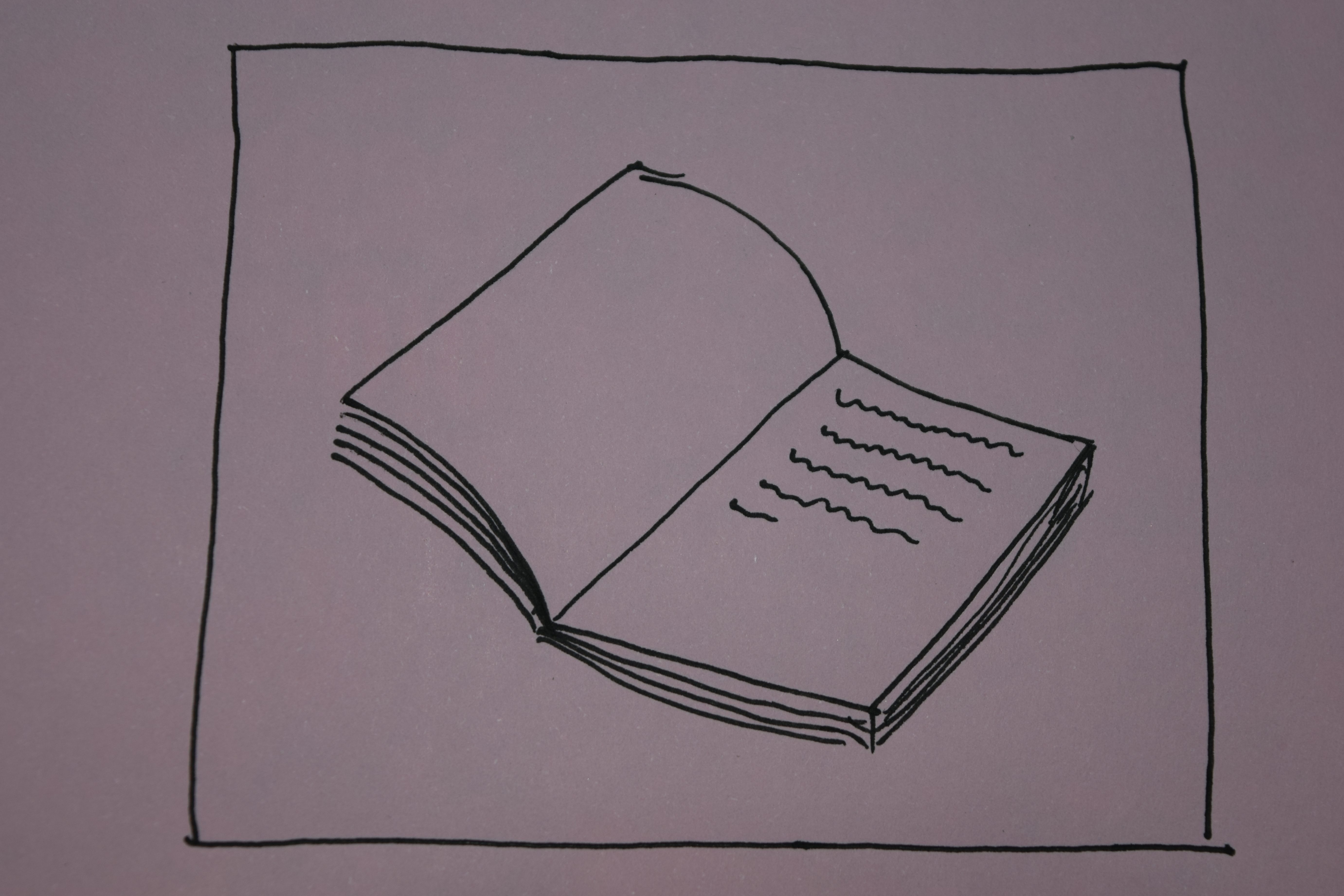 A simple line drawing of an open book on a pink background.