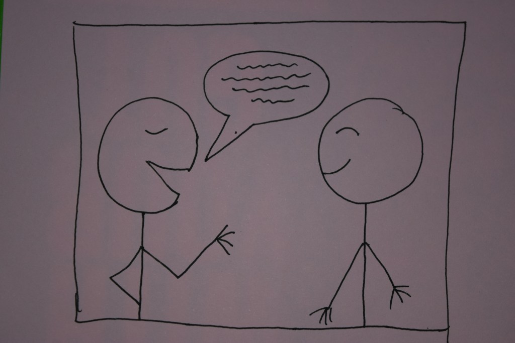 A simple cartoon drawing of two stick figures engaged in conversation, with one figure smiling and speaking, while the other figure is also smiling and listening.
