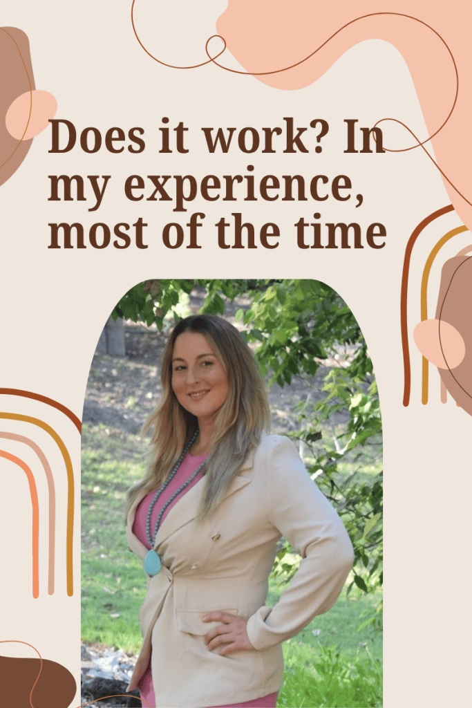 A woman in a light-colored suit poses outdoors, smiling at the camera. Text overlay asks, 'Does it work? In my experience, most of the time.'